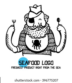 Vector hand drawn seafood logo/label  in black with a happy bearded old man