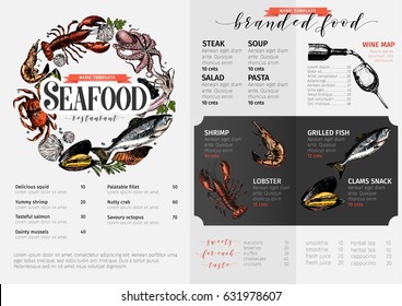 Vector hand drawn seafood menu template. colored Lobster, salmon, crab, shrimp, octopus, squid, clams.Engraved art. Delicious menu objects restaurant promotion market store flyer