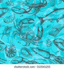 Vector hand drawn seafood pattern. Vintage illustration