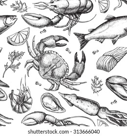 Vector Hand Drawn Seafood Pattern. Vintage Illustration