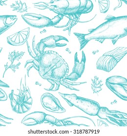 Vector hand drawn seafood pattern. Vintage illustration