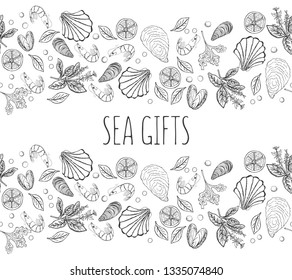 Vector hand drawn seafood seamless pattern with mussel, fish salmon and shrimp. Lobster, squid, octopus, scallop, lobster or craps, mollusk, oyster, alfonsino and tuna for product market.
