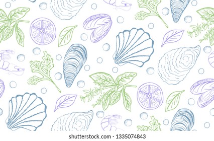 Vector hand drawn seafood seamless pattern with mussel, fish salmon and shrimp. Lobster, squid, octopus, scallop, lobster or craps, mollusk, oyster, alfonsino and tuna for product market.