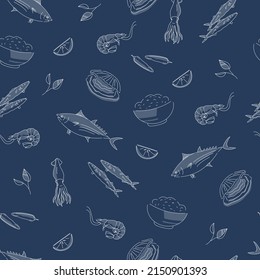 Vector hand drawn seafood seamless pattern with mussel, fish salmon and shrimp. Squid, anchovy, scallop, mollusk, oyster and tuna for product market.