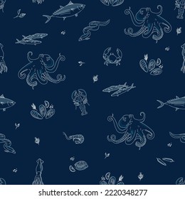 Vector hand drawn seafood seamless pattern with mussel, fish salmon and shrimp. Squid, anchovy, scallop, mollusk, oyster and tuna for product market. Vector illustration on navy blue background