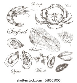 vector hand drawn seafood set - shrimp, crab, lobster, salmon, oyster, mussel. mediterranean cuisine