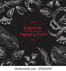  vector hand drawn seafood set - shrimp, crab, lobster, salmon, oyster, mussel. mediterranean cuisine seafood sketch