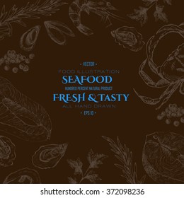 vector hand drawn seafood set - shrimp, crab, lobster, salmon, oyster, mussel. seafood designer template