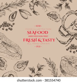 vector hand drawn seafood set - shrimp, crab, lobster, salmon, oyster, mussel. mediterranean cuisine seafood sketch. business designer template