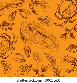 vector hand drawn seafood set - shrimp, crab, lobster, salmon, oyster, mussel. mediterranean cuisine seafood sketch. business designer template