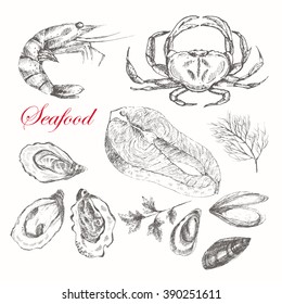 vector hand drawn seafood set - shrimp, crab, lobster, salmon, oyster, mussel. mediterranean cuisine seafood sketch. business designer template