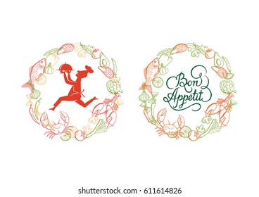 Vector hand drawn seafood and vegetable, cook and calligraphy. Food logo vector template.