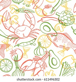 Vector hand drawn seafood and vegetables pattern. Seamless pattern.