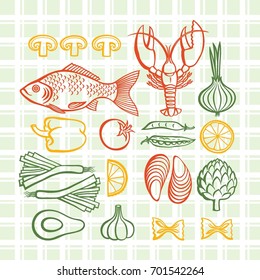 Padrão de frutos do mar e legumes desenhados à mão.