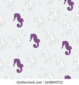 Vector hand drawn seahorse seamless pattern. Underwater animal. Hippocampus in cartoon style. For wrapping paper, print, fabric, cover.