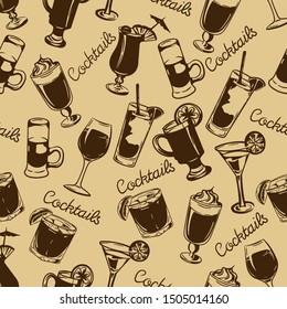 Vector hand drawn seamlass pattern of alcohol drinks in the vintage style.