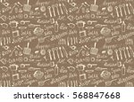 Vector hand drawn seamless background kitchen utensils and crockery: fork, knife, spoon, plate, pot, pan, lid, bowl, cup, mug. Perfect for wrapping, wallpaper, textile, restaurant and cafe menu.