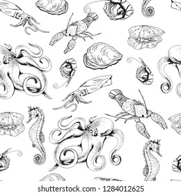 Vector hand drawn seamless background with sea animals on white. Ink drawn sea food illustration in vintage style for print, fabric, paper, wrapping, restaurant menu and other food natural design. 