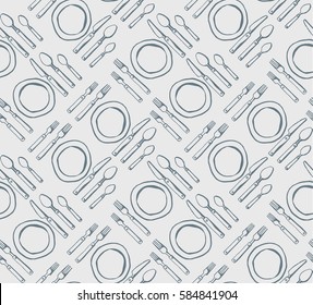 Vector hand drawn seamless background kitchen utensils fork, spoon, knife, plate in grey color