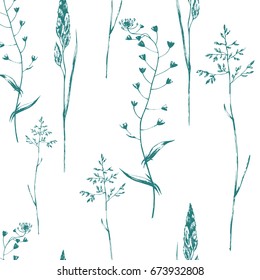 Vector hand drawn seamless background with wild  herbs on white. Hand drawn botanical sketch with plants, leaves and flowers. For print, card, wrapping and other natural herbal design. 