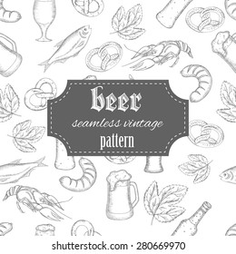 vector hand drawn seamless beer vintage pattern with sausage, bottle, glass, mug, pretzel, crayfish, hops, stockfish 