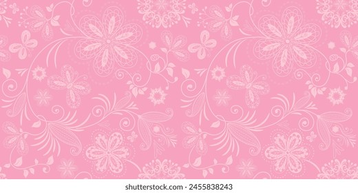 Vector hand drawn seamless bi-color gentle pink spring pattern with flowers and butterflies	
