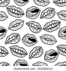 Vector hand drawn seamless black and white pattern set of lips and mouths in the engraving style on white background.