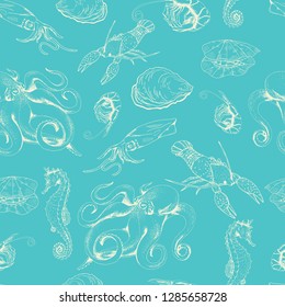 Vector hand drawn seamless blue pattern with sea animals. Ink drawn sea food illustration in vintage style for print, fabric, paper, wrapping, restaurant menu and other food natural design.