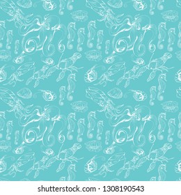 Vector hand drawn seamless blue background with sea animals. Ink drawn sea food illustration in vintage style for print, fabric, paper, wrapping, restaurant menu and other food natural marine design. 