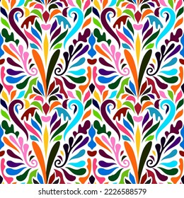 Vector Hand Drawn Seamless Bright Ethnic Floral Pattern. Contemporary Art Print Template. Otomi Mexican Style