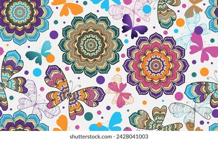 Vector hand drawn seamless bright colorful spring pattern with mandalas and butterflies and dots on a white background	
