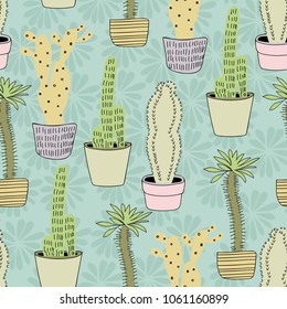 Vector hand drawn seamless cactus pattern background
