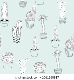 Vector hand drawn seamless cactus pattern background