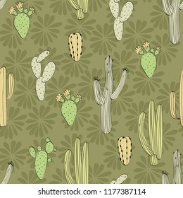 Vector hand drawn seamless cactuses pattern background