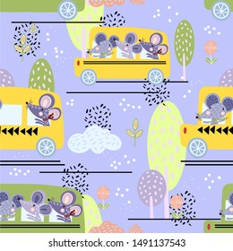 Vector hand drawn seamless childish pattern “Back to School” with cute mice in yellow school bus, with trees and clouds. For apparel, linen, wrapping, fabric, textile, wallpaper etc