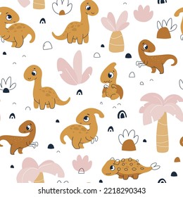 Vector hand drawn seamless children pattern with cute dinosaurs and plants. Scandinavian style on a white background. Childish pattern for fabric, paper, wrapping, clothing, textile, wallpaper. Vector