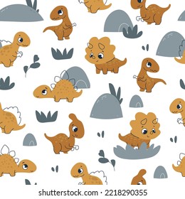 Vector hand drawn seamless children pattern with cute dinosaurs, plants. Scandinavian style on a white background. Seamless background for nursery decor, fabrics, children's textiles, wrapping paper.