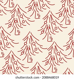 Vector. Patrón de navidad sin fisuras dibujado a mano, árbol de navidad lineal sobre fondo pastel. Plantillas de diseño para productos tipográficos. Minimalismo para la marca, cubierta, postal, papel envolvente.