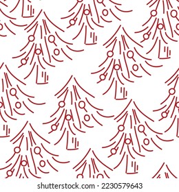 Vector. Patrón de navidad sin fisuras dibujado a mano, fondo de árbol de navidad lineal. Plantillas de diseño para productos tipográficos. Minimalismo para la marca, cubierta, postal, papel envolvente.