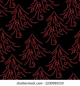 Vektorgrafik. Handgezeichnete nahtlose Weihnachtsmuster, linearer Weihnachtsbaumhintergrund. Design-Vorlagen für typografische Produkte. Minimalismus für Branding, Cover, Postkarte, Verpackungspapier.
