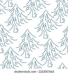 Vector. Hand drawn seamless christmas pattern, linear christmas tree on pastel background. Design templates for typographic products. Minimalism for branding, cover, postcard, wrapping paper.