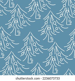 Vector. Hand drawn seamless christmas pattern, linear christmas tree on pastel background. Design templates for typographic products. Minimalism for branding, cover, postcard, wrapping paper.