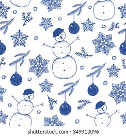 Vector hand drawn seamless Christmas winter pattern, background. Snowflakes, snowmen, ball, branches illustration