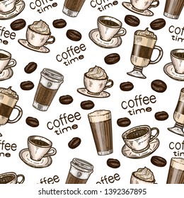 Vector hand drawn seamless colorful pattern of coffee.Latte, cappuccino, frappe, espresso americano, coffee beans and americano in cup for take away in the engraving vintage style on white background.