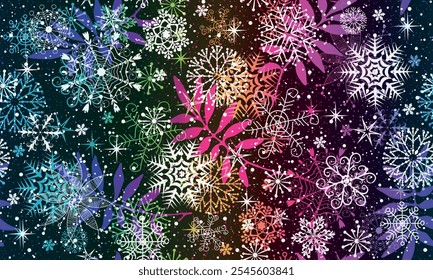 Vector hand drawn seamless colorful winter pattern with white snowflakes and leaves on a dark background