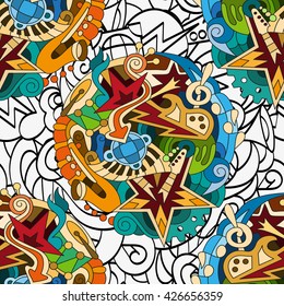 Vector hand drawn seamless colorful pattern with doodle elements on a monochrome background. Musical instruments. For wallpaper, wrappers, covers, and web design.
