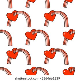 Vector hand drawn seamless doodle style rainbow and heart groovy vector pattern vector pattern