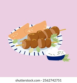 Vector hand drawn seamless flat food illustration with greek pita, souvlaki on a plate and tzatziki sauce, olives, parsley, Greece traditional cuisine.
