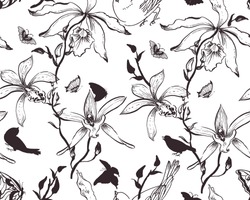 Vector Hand Drawn Seamless Floral Pattern With Orchid Flowers, Birds And Butterflies, In Trellis Style.