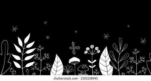 Vector Hand Drawn Seamless Floral Border of Leaves, Plants and Flowers With a Mushroom and a Bee. Horizontal Seamless White Natural Contour Pattern on a Black Background. 